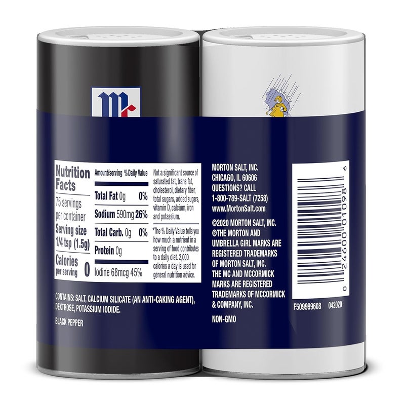 Morton Shaker Set - Iodized Salt (4 oz) & McCormick Ground Pepper (1.25 oz), 2-Piece Set (Pack of 2) for Cooking & Seasoning - Image 2